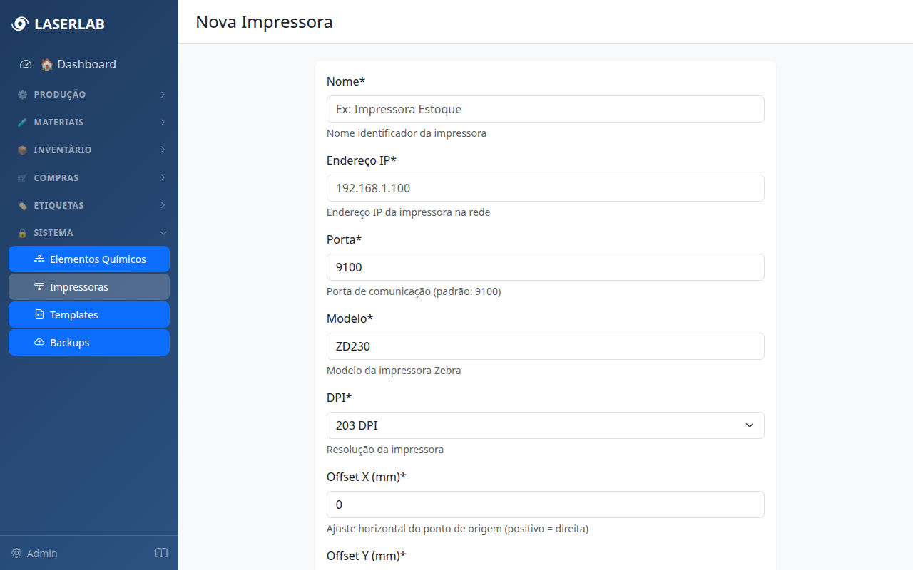 Cadastro de impressora