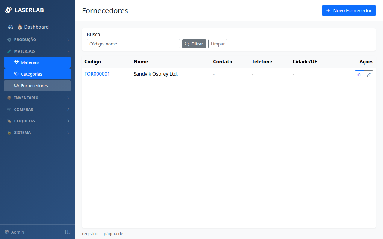 Lista de fornecedores